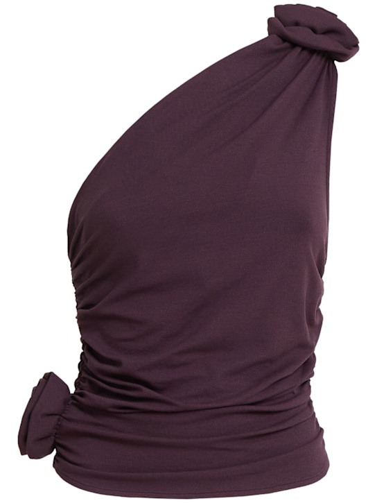 Magda Butrym Draped jersey one-shoulder top w/ rose
